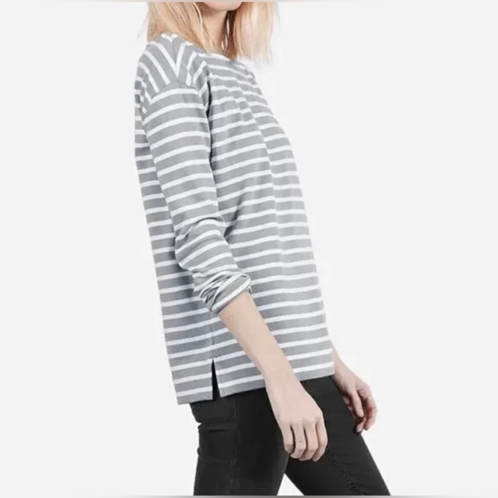 Everlane Top Women S Boxy Striped Cotton Heavyweight Tee Long Sleeve Gray White